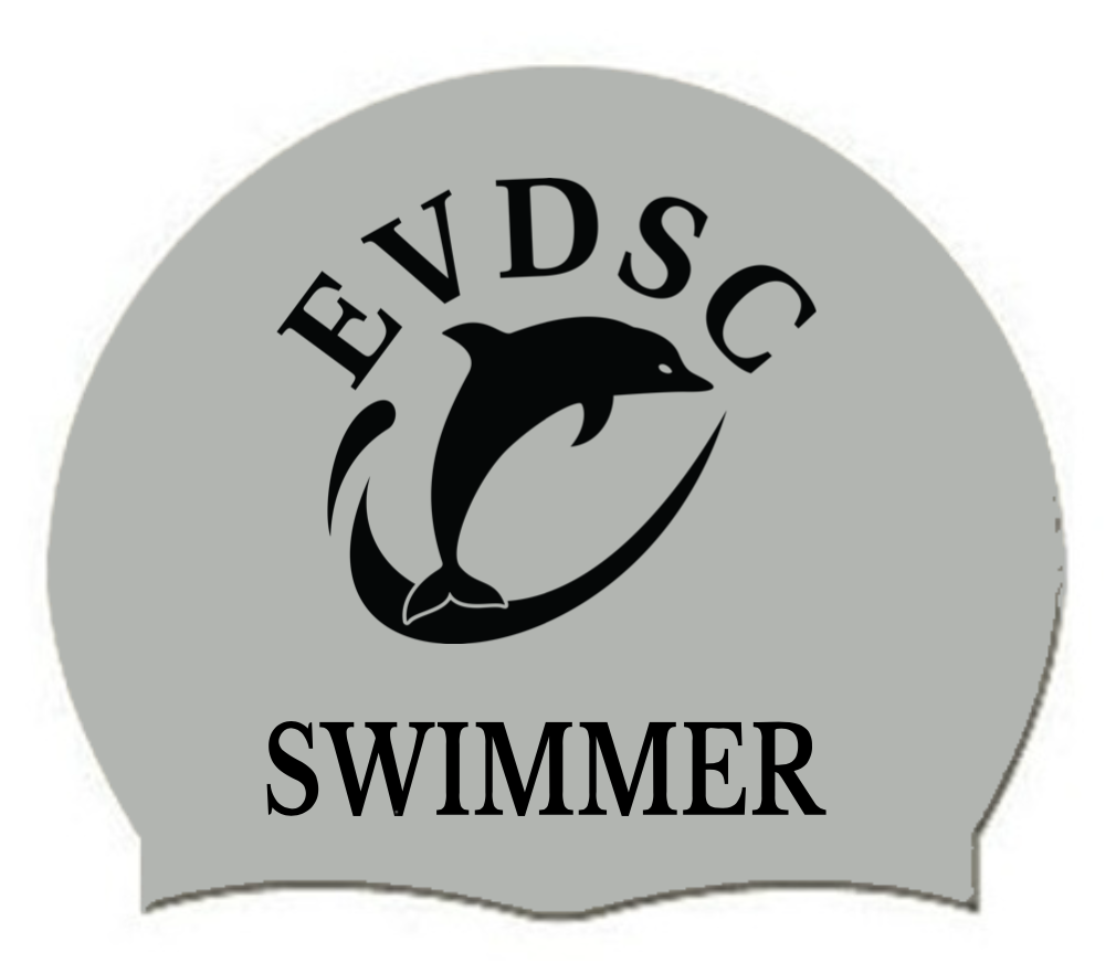 Custom EVDSC Swim Caps with Swimmer Name (Silver Cap with Black Printing)