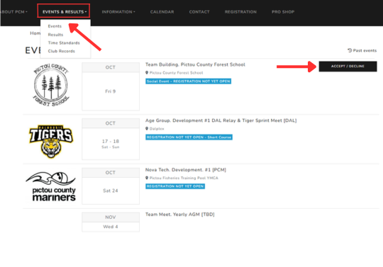 The Events page and Accept or Decline button in PoolQ