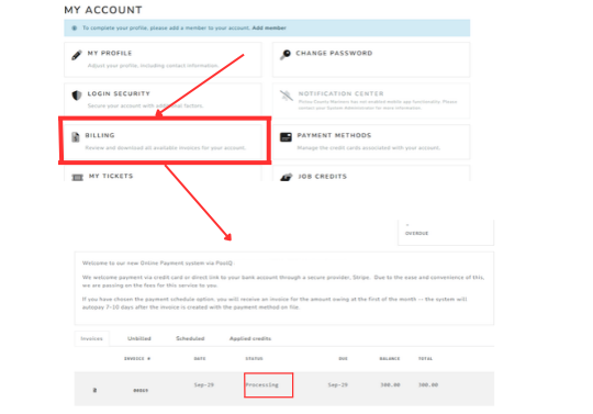 PoolQ Billing area showing payment status