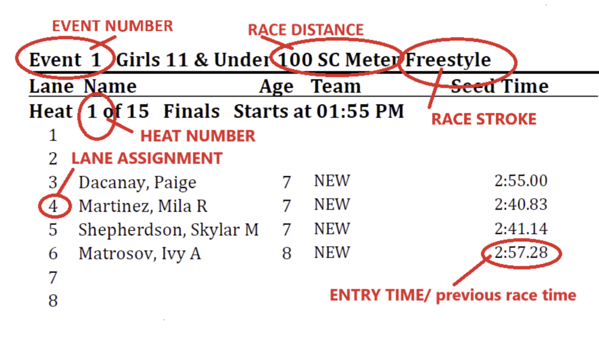 Example of a swim meet heat sheet showing events, heats, lanes, and swimmers