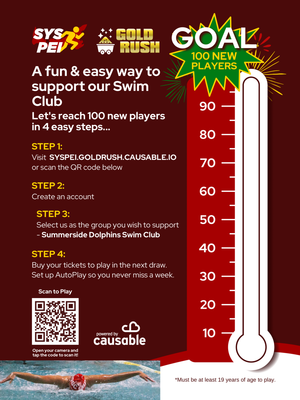 Advertisement for SYSPEI Gold Rush with Goal of 100 new players and steps to register and play.