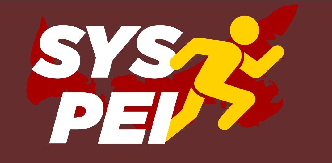 SYSPEI logo with icon of person running with background outline of map image of Prince Edward Island