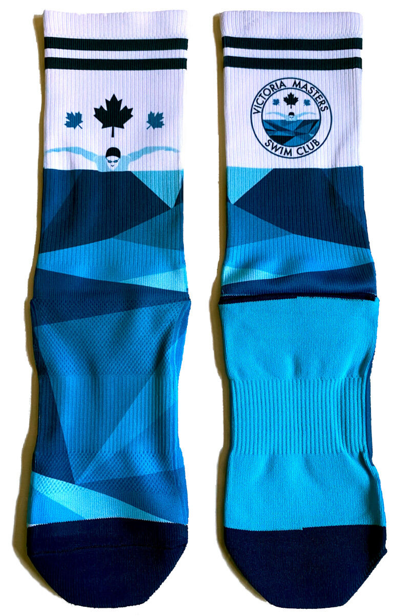 Image of one style of VMSC socks with stripes, image of a swimmer, and abstract blue geometric pattern